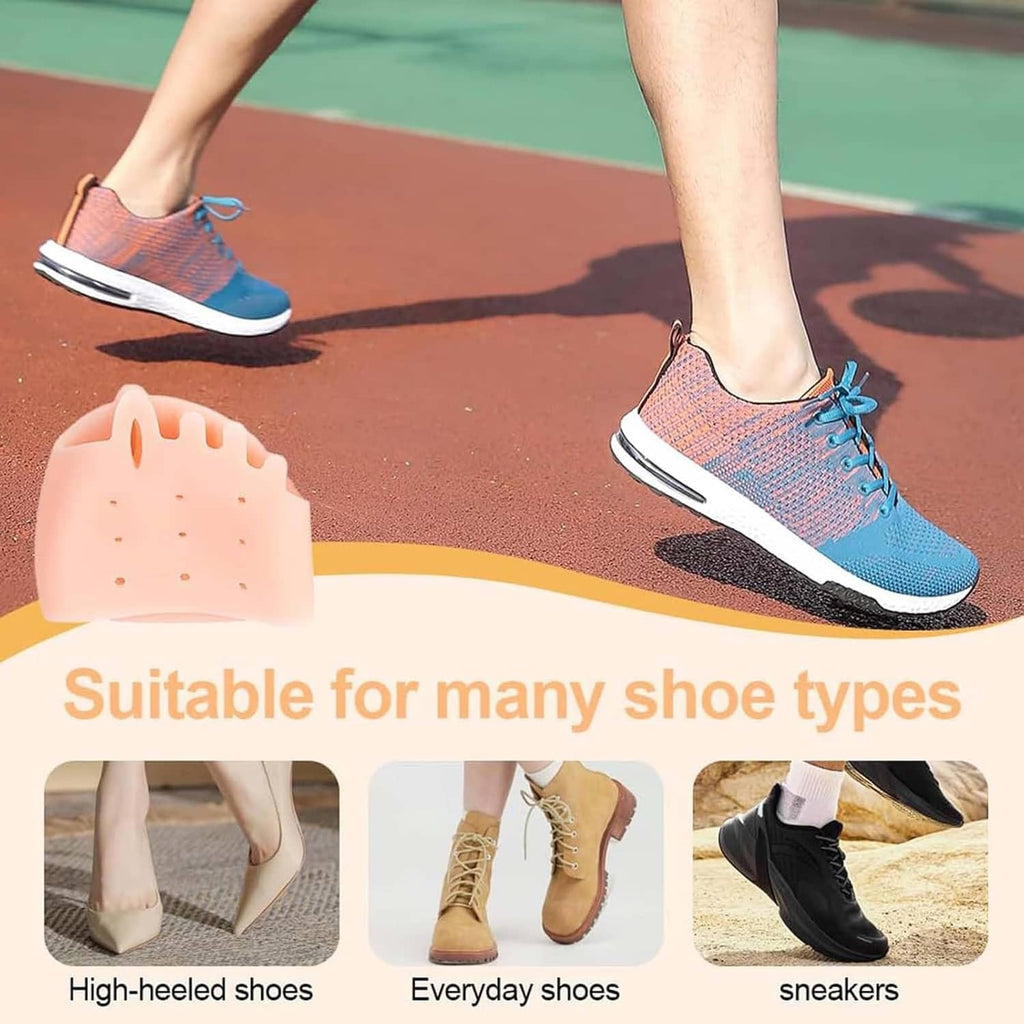 White silicone toe separator cushion worn with sneakers for toe spacing