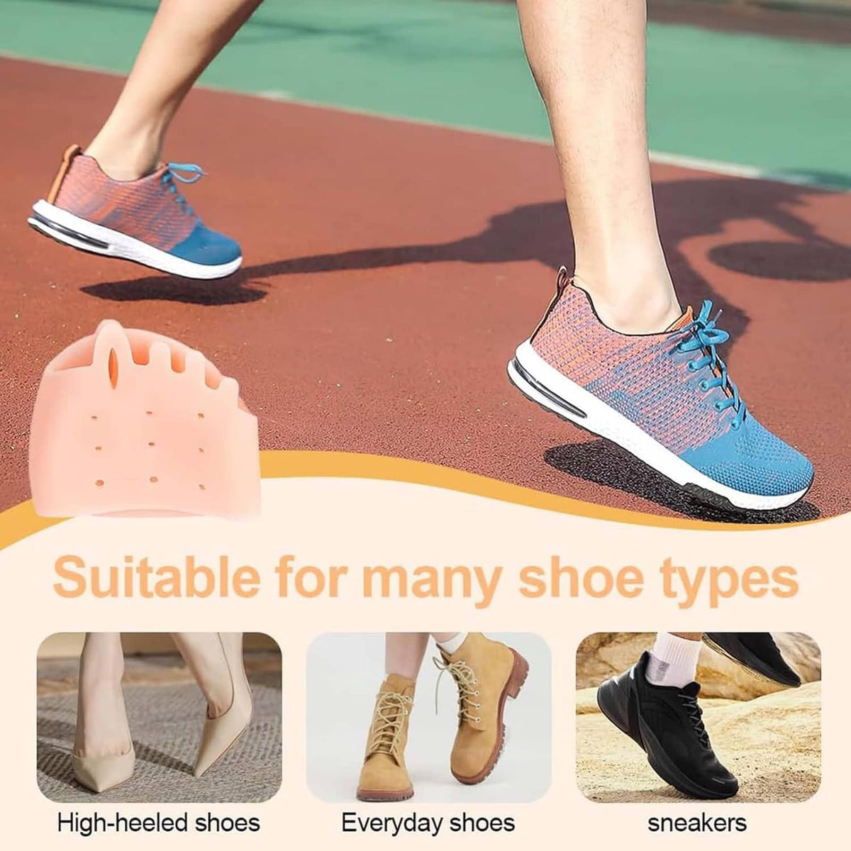 White silicone toe separator cushion worn with sneakers for toe spacing
