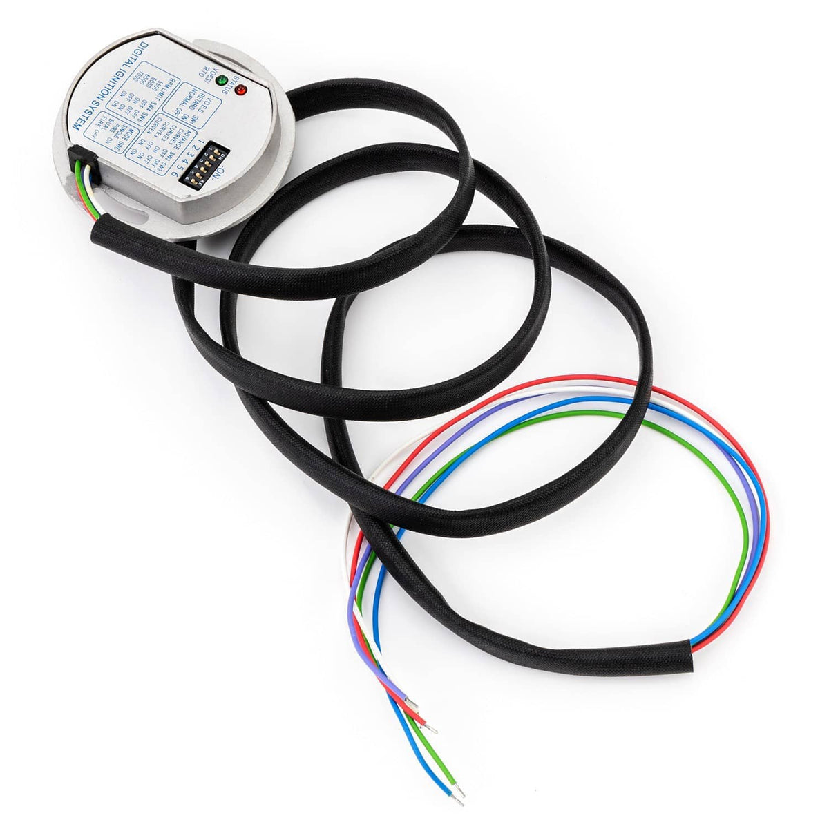 Programmable ignition coil kit control unit with multi-color wire harness and loops