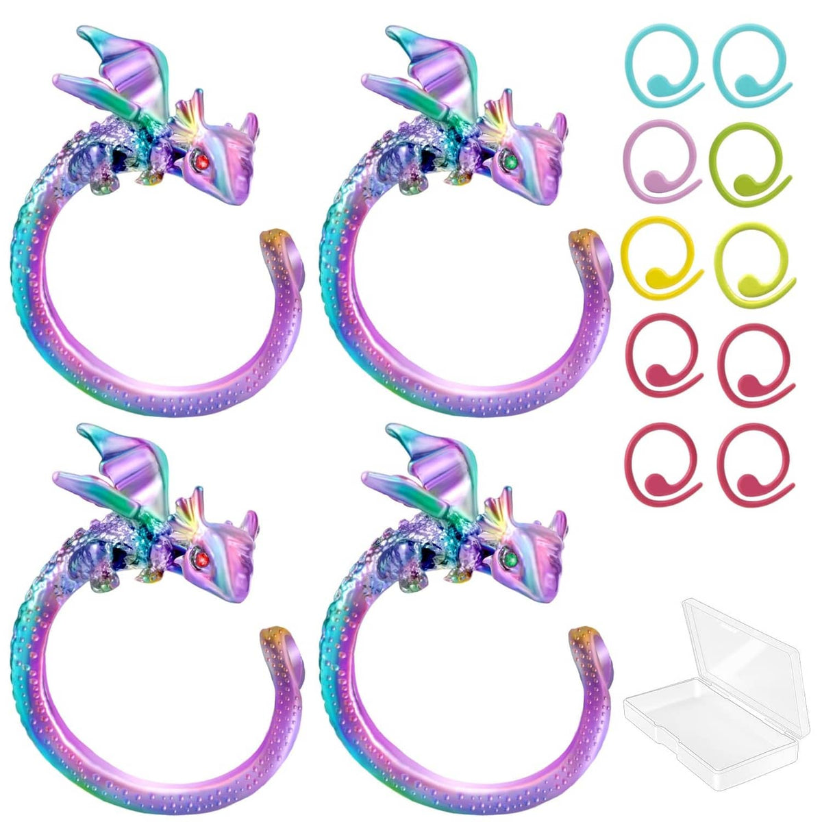 Rainbow dragon crochet tension rings set with adjustable finger loops (4 pcs)