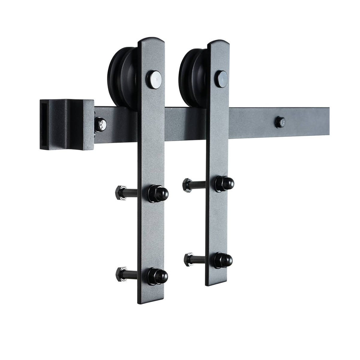 Barn door track hanger brackets with black rollers and double guide rail