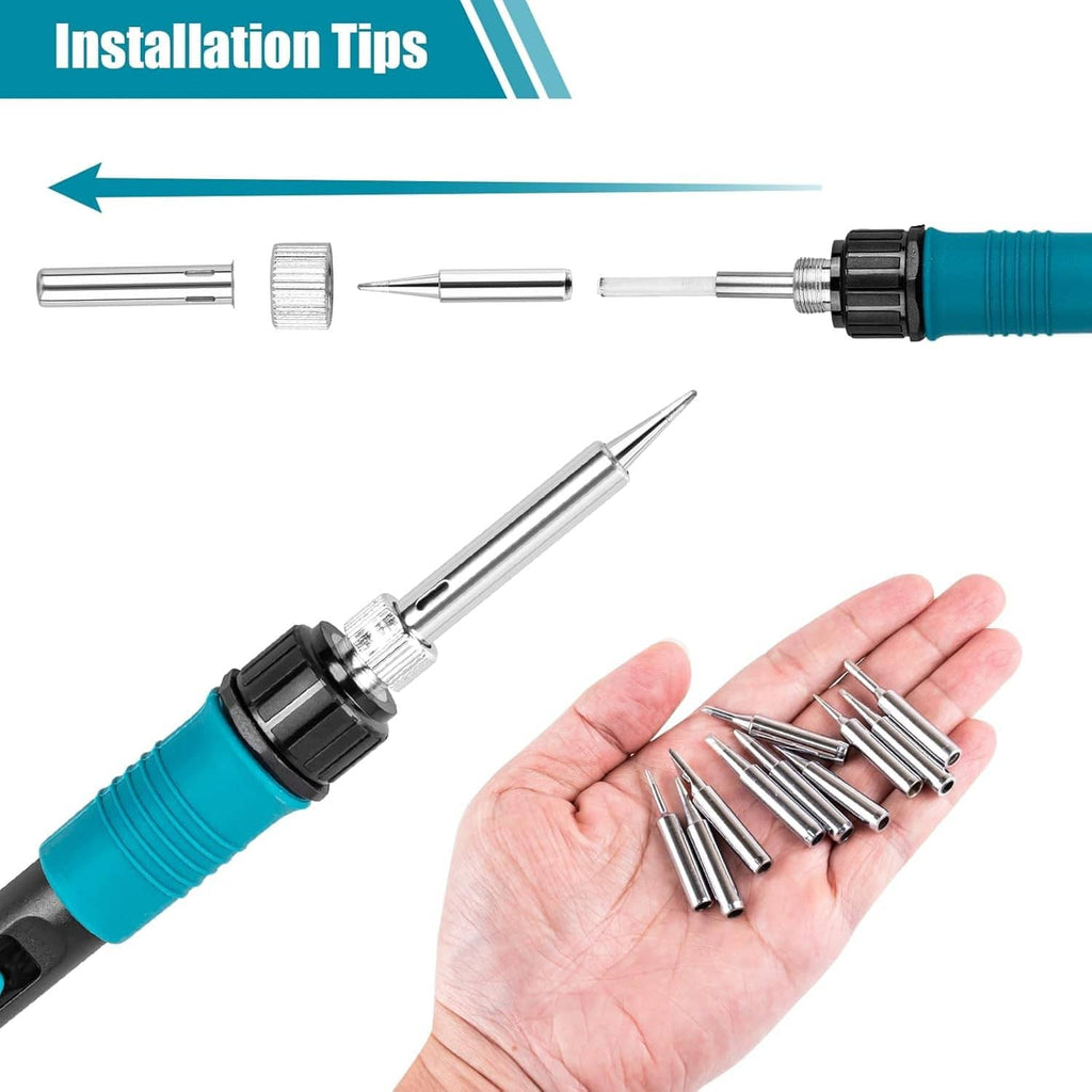 Soldering iron tips kit with metal tips and hand holding several replacement tips
