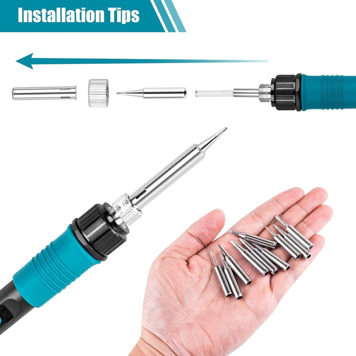 Soldering iron tips kit with metal tips and hand holding several replacement tips