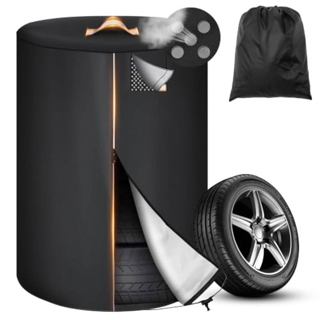 Black tire storage bag with reflective stripe and handle, plus drawstring storage pouch