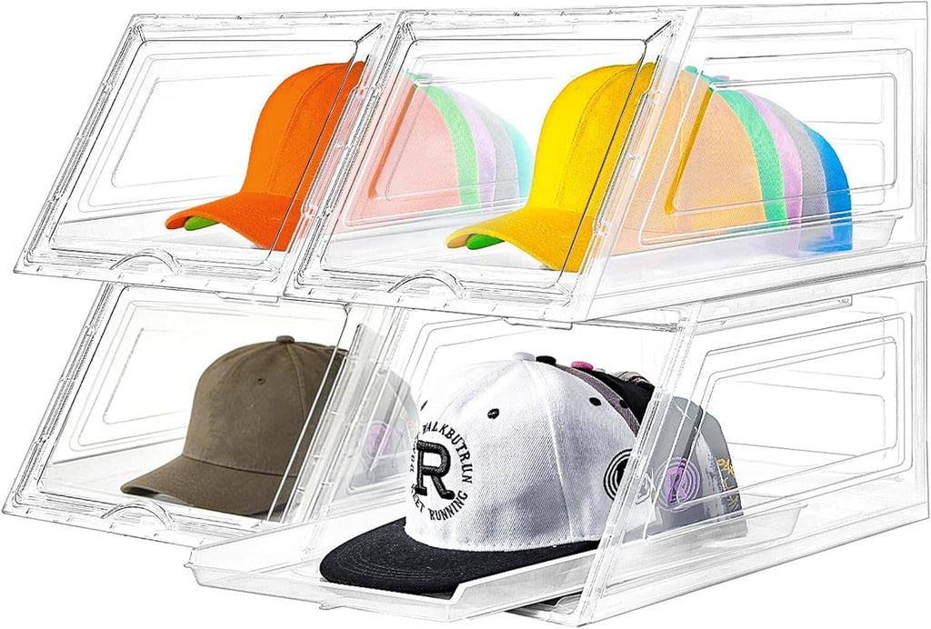 Clear stacked hat organizer with compartments holding white, olive, and multicolor baseball caps