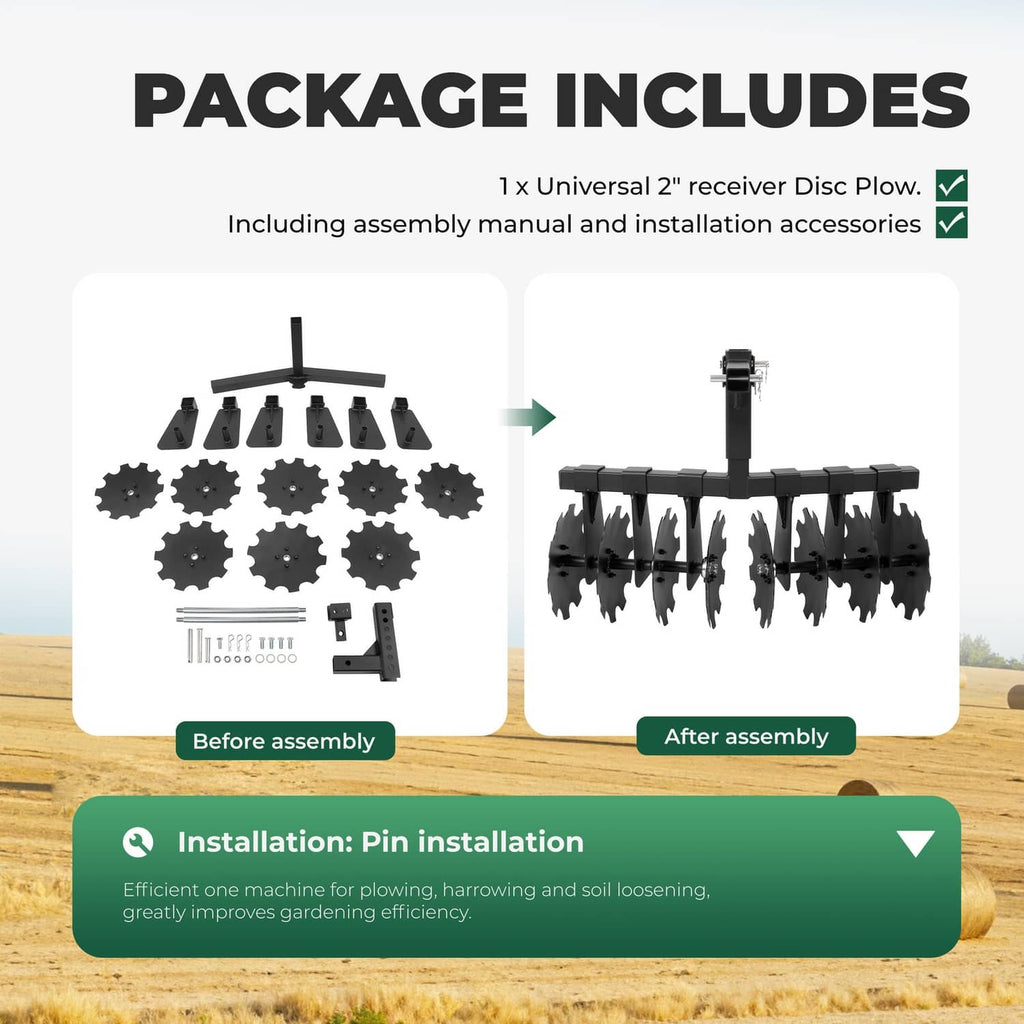 Disc plow harrow kit with curved blades and 2-inch receiver hitch attachment