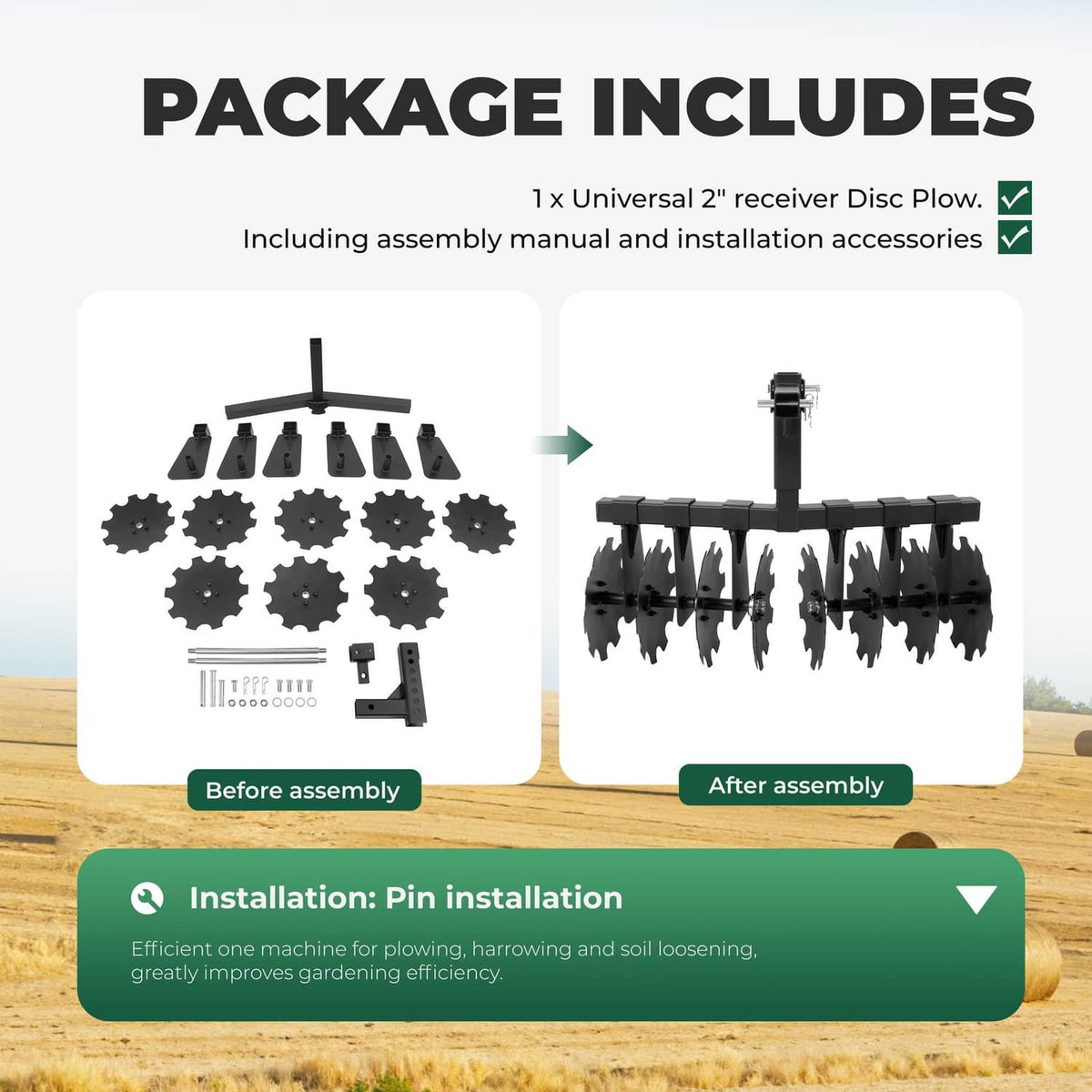 Disc plow harrow kit with curved blades and 2-inch receiver hitch attachment
