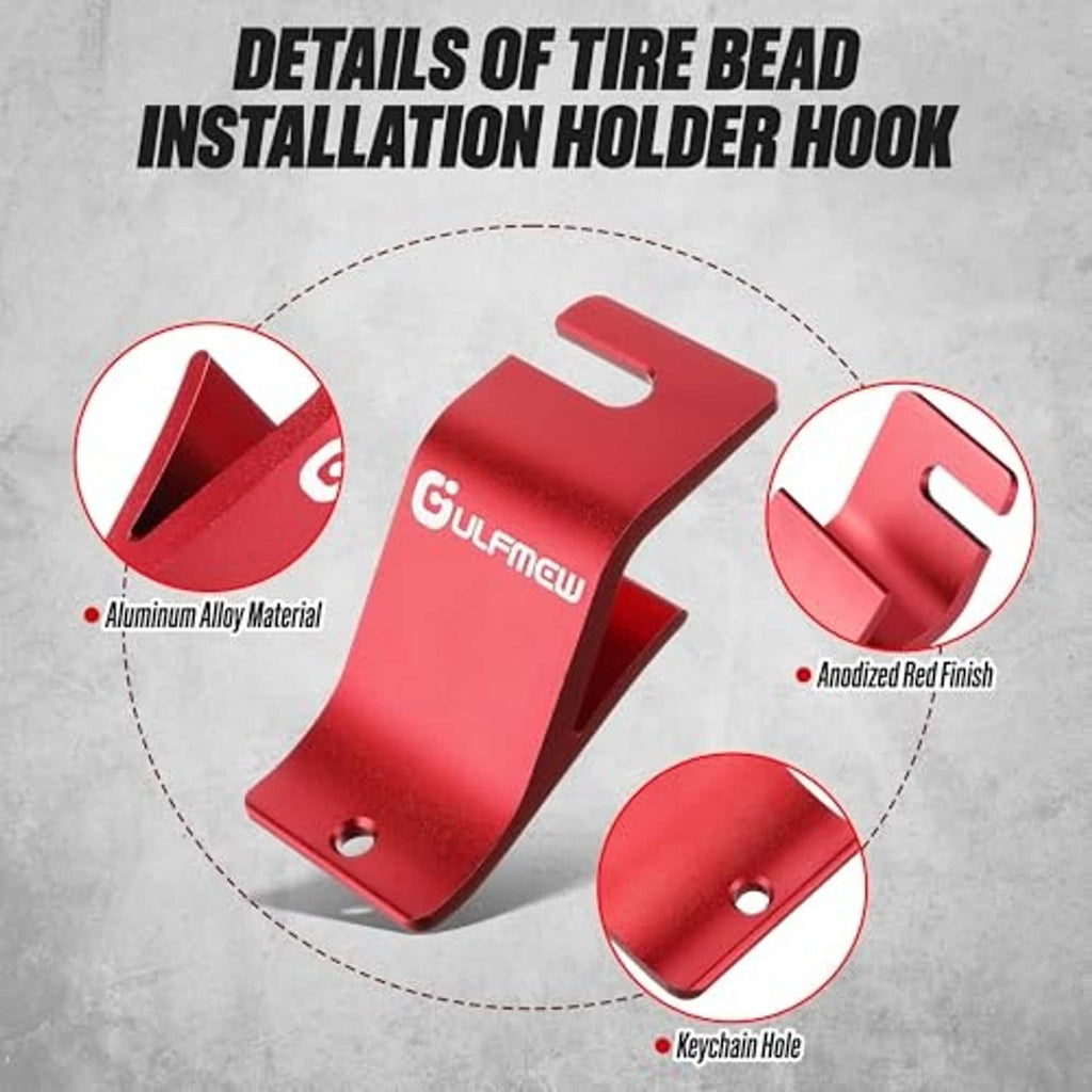Red tire bead installation holder hook with keychain hole for motorcycle tires