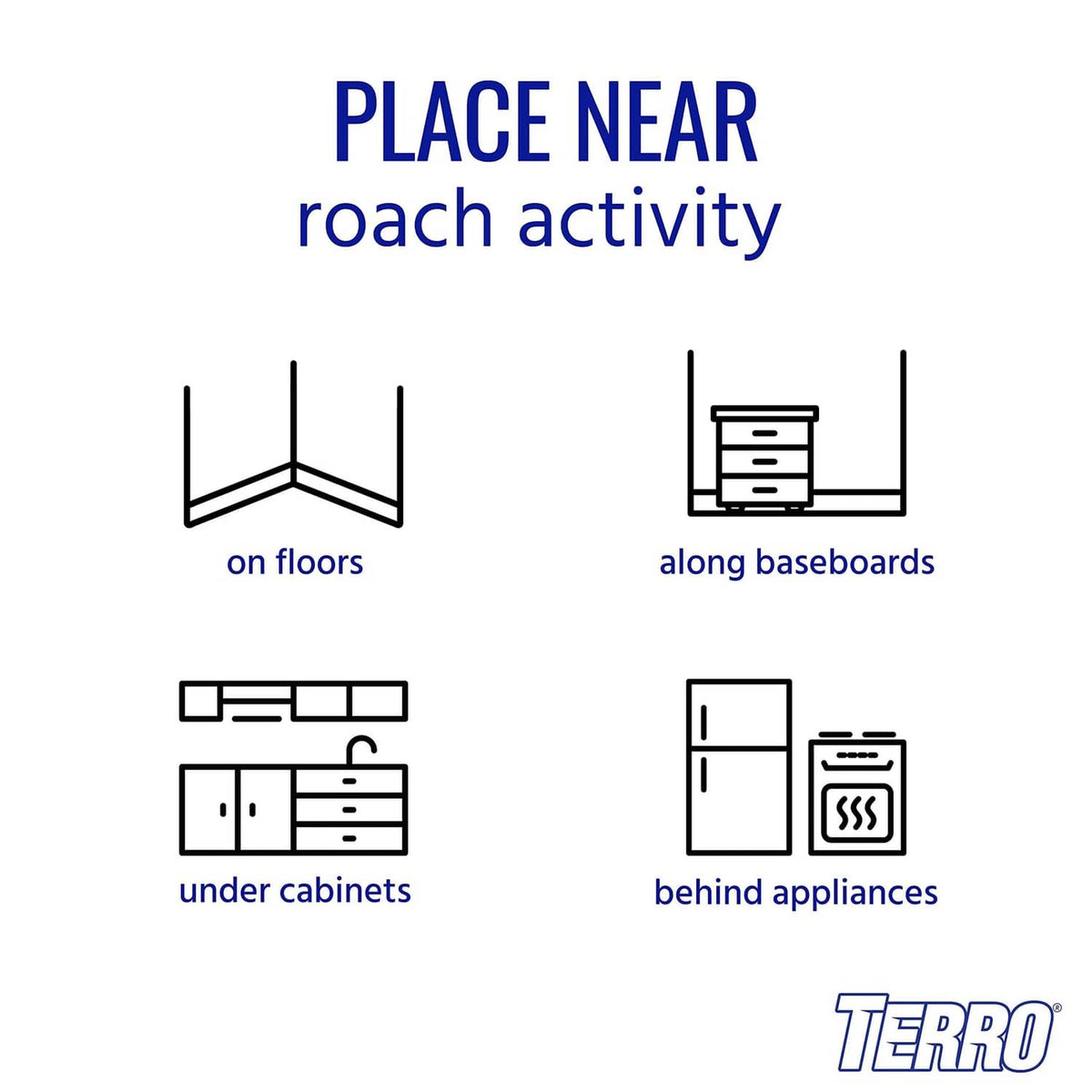 Roach bait station placement diagram with multiple location icons
