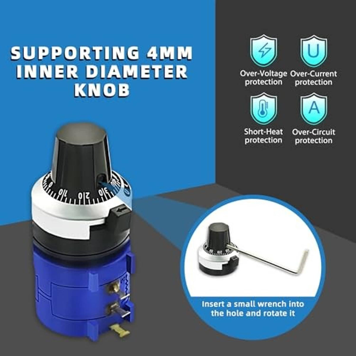 Blue potentiometer with black knob and silver front ring; metal wrench adjustment inset