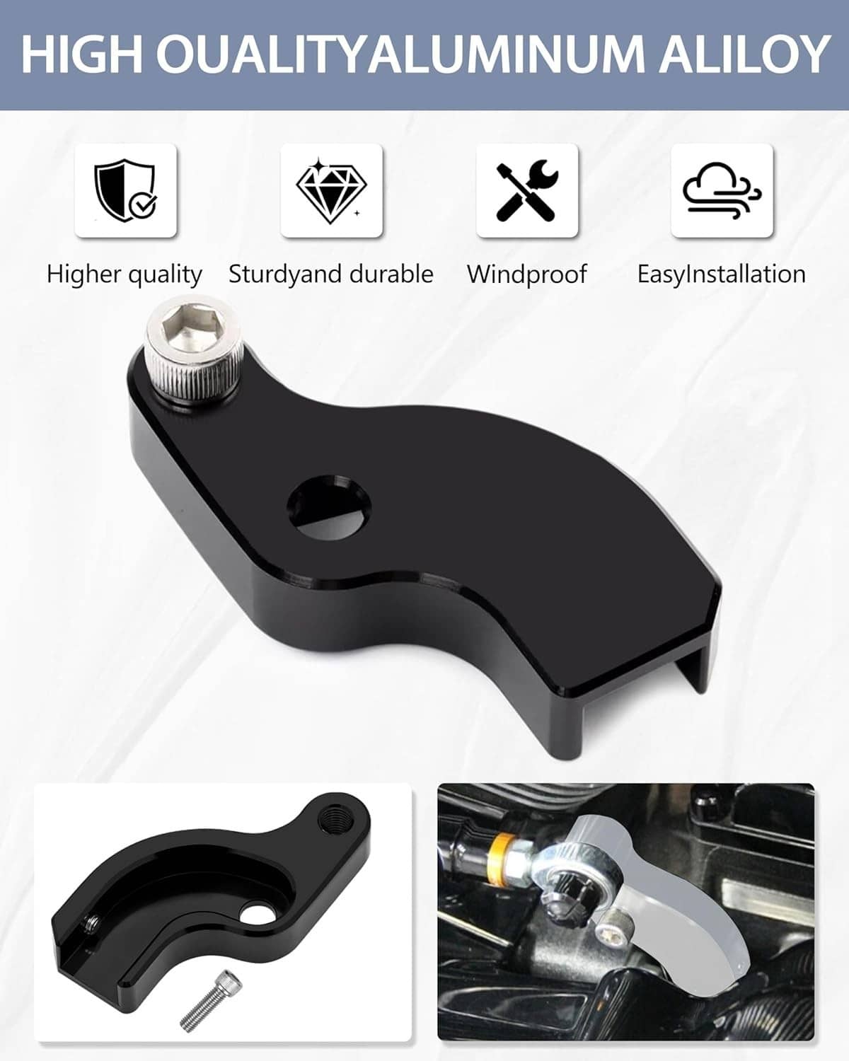 Black aluminum shift arm bracket with mounting bolt and oval cutout hole