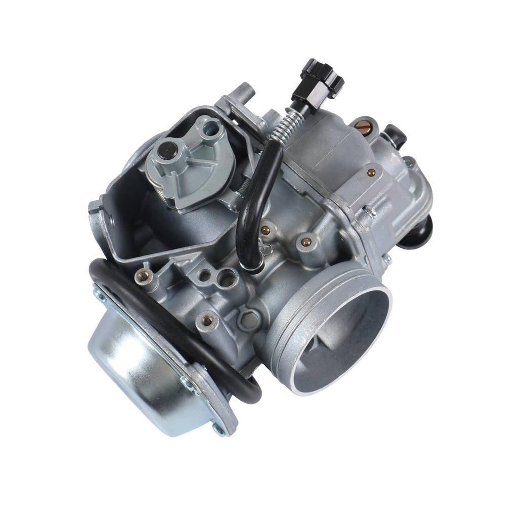 Silver ATV carburetor with intake port, linkage hardware, and black hoses