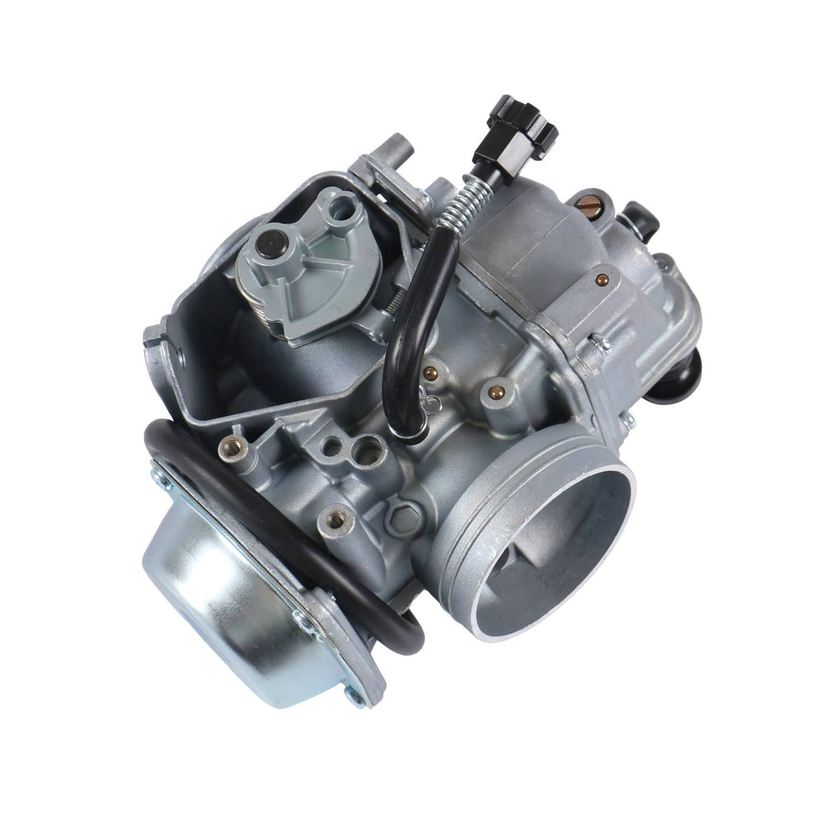 Silver ATV carburetor with intake port, linkage hardware, and black hoses
