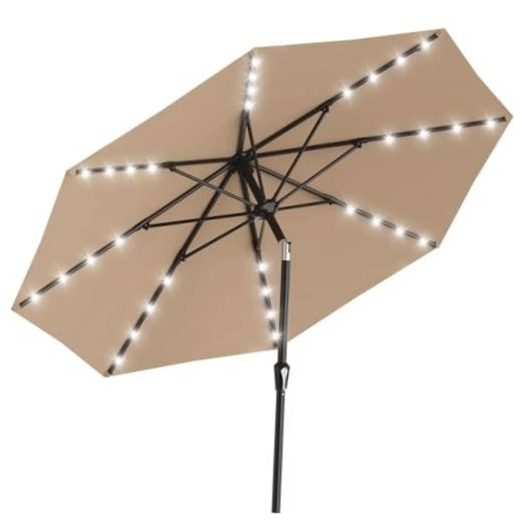 Beige patio umbrella with black cross ribs and solar light string