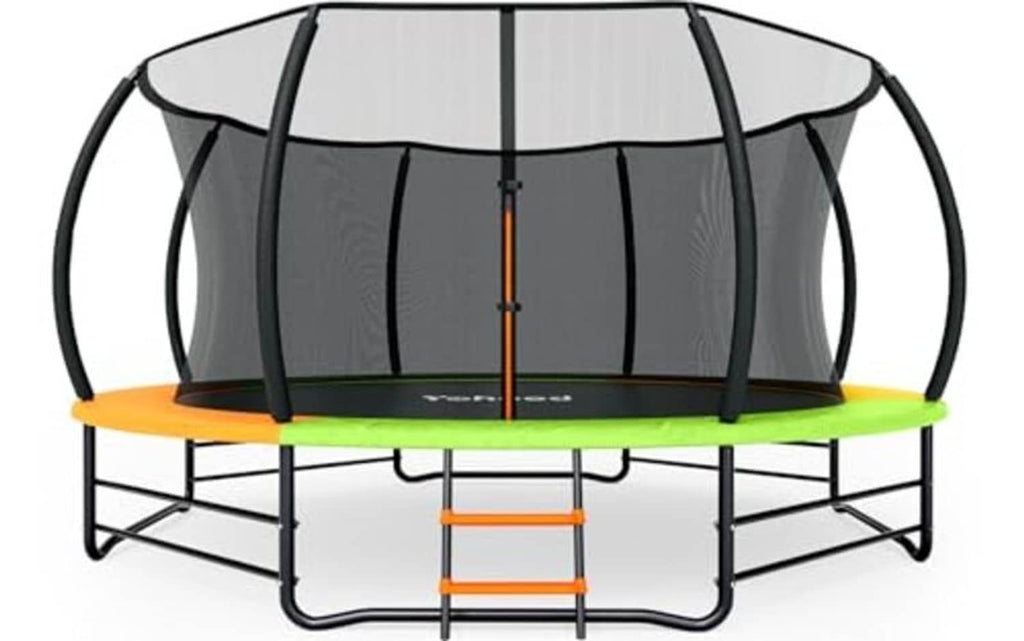 12–14 ft outdoor trampoline with dark enclosure poles, orange ladder, green edge mat
