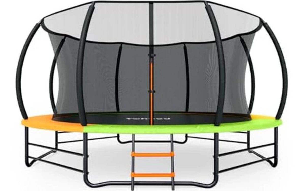 12–14 ft outdoor trampoline with dark enclosure poles, orange ladder, green edge mat