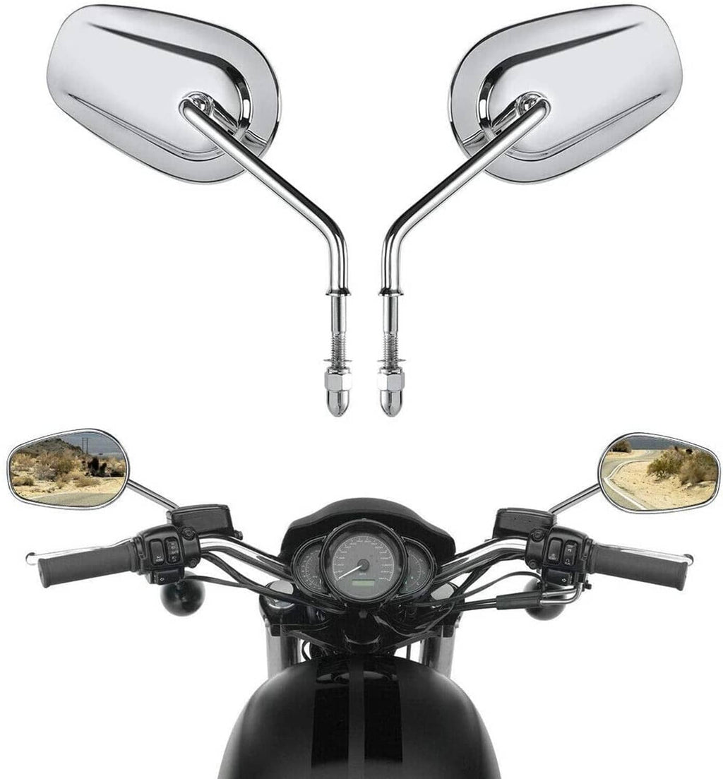 Pair of chrome oval rearview mirrors with long stems and two clamp-style mounts