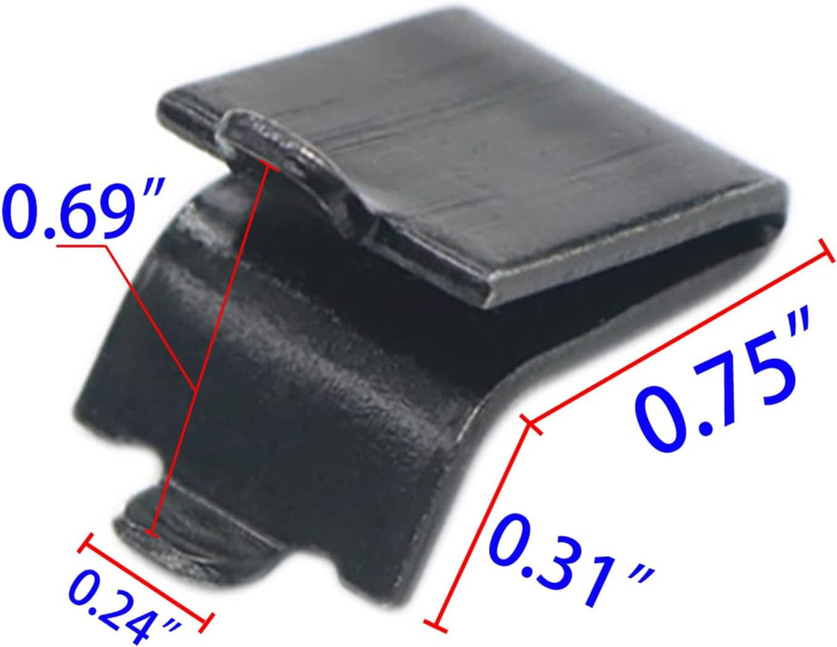 Close-up of black adjustable shelf clip support with open channel and prongs