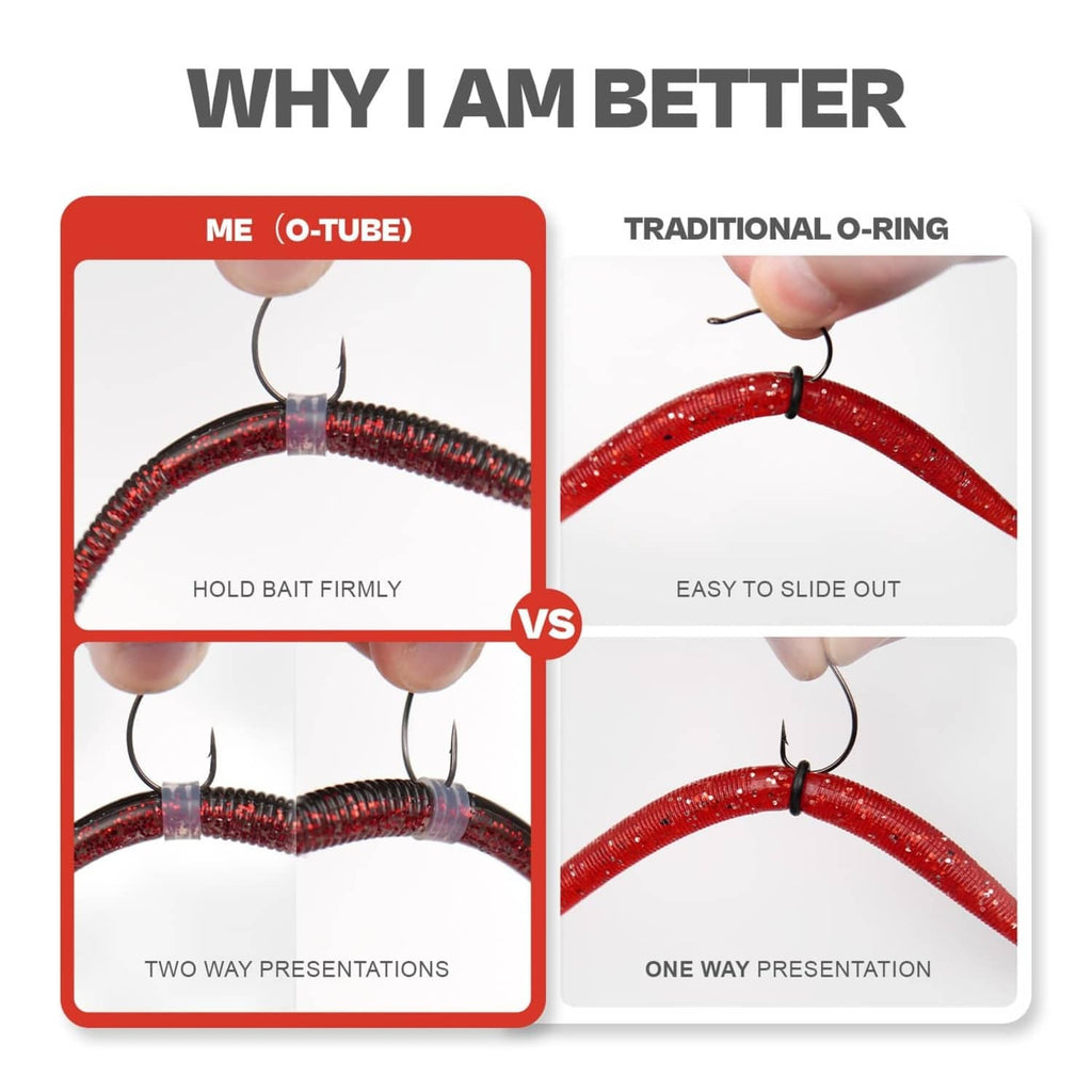 Silicone O-tube ring securing a red worm to a hook, shown in multiple layouts