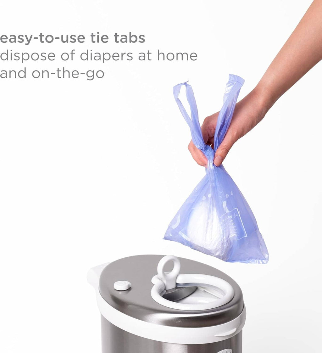 Lavender diaper sack bag with tied closure tabs for easy disposal