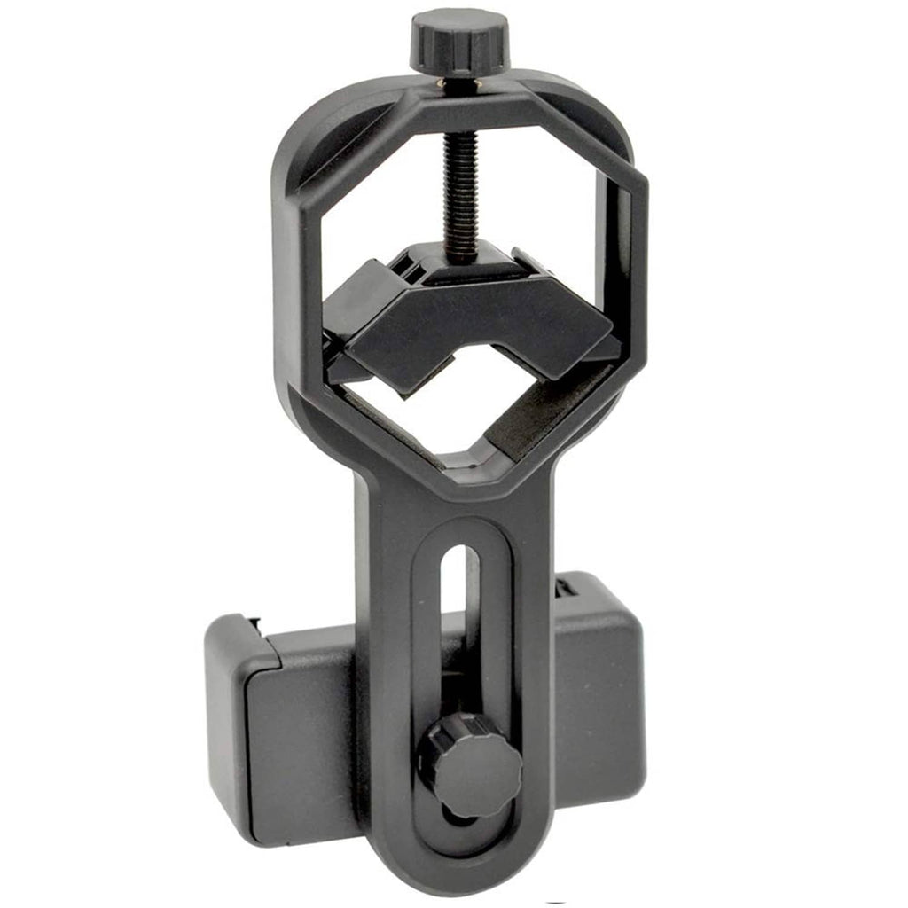 Black smartphone telescope adapter clamp with threaded screw and hex-shaped mount