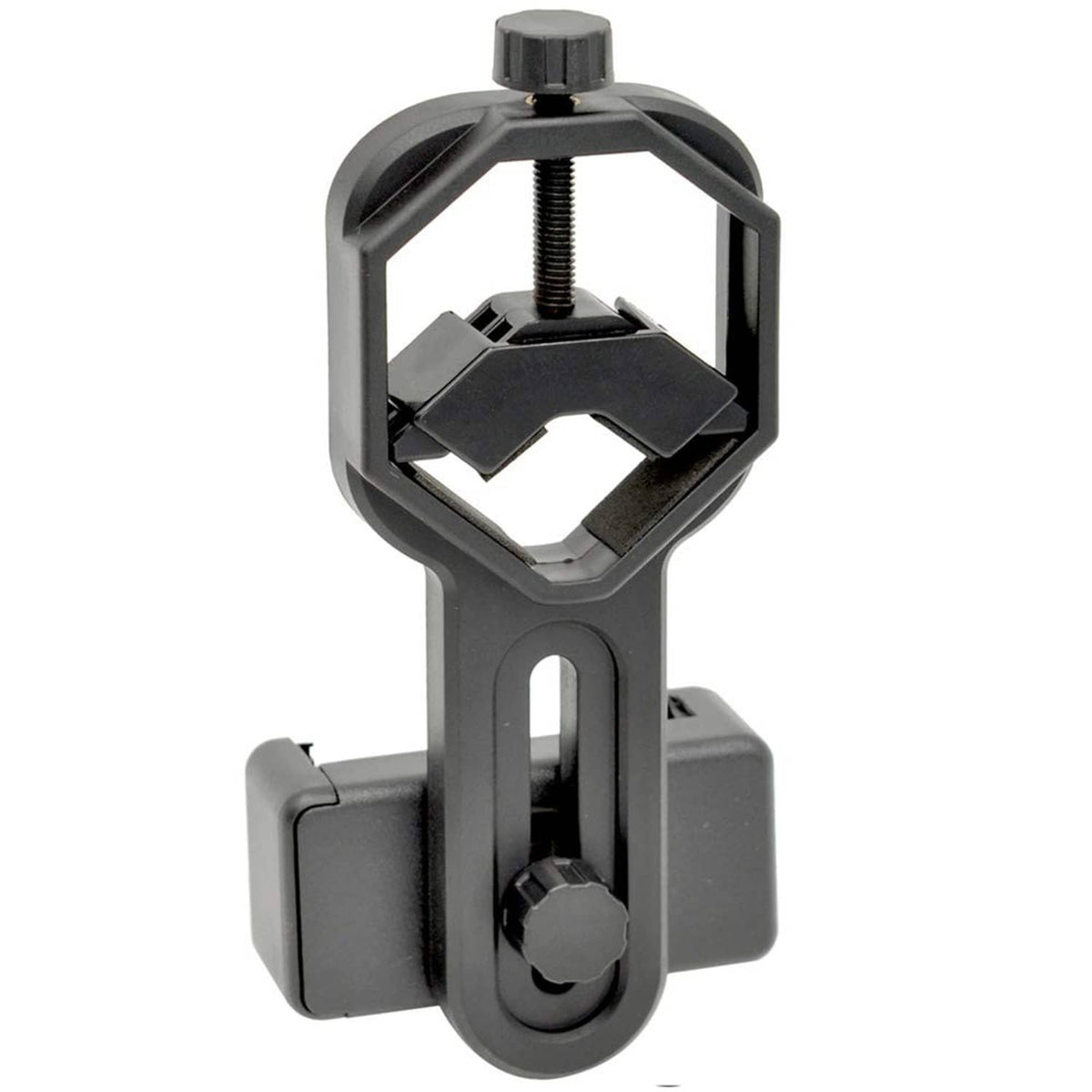 Black smartphone telescope adapter clamp with threaded screw and hex-shaped mount