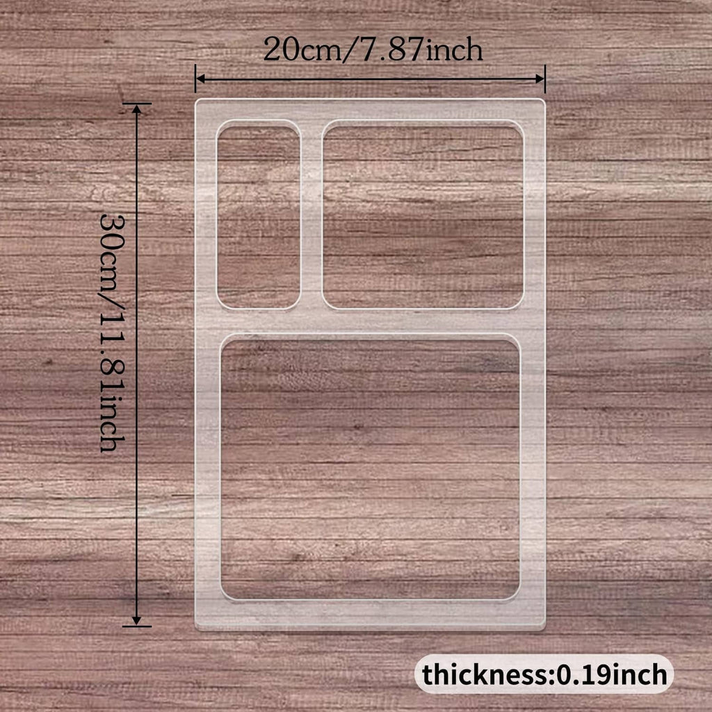 Clear router template, 3-pocket layout; 0.19 in thickness and size markings