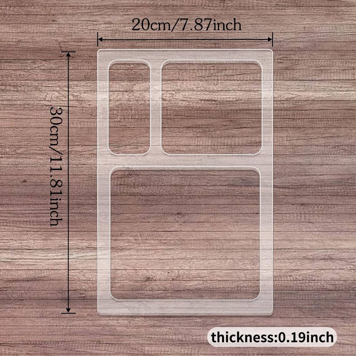 Clear router template, 3-pocket layout; 0.19 in thickness and size markings