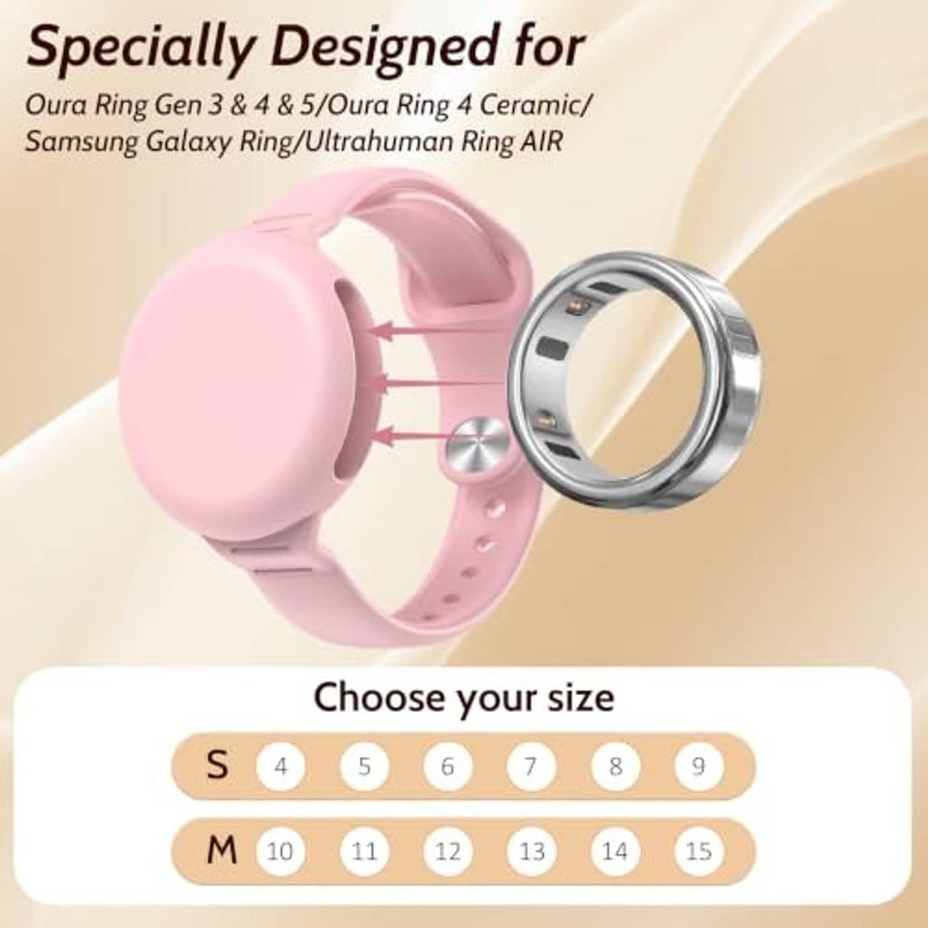 Pink silicone wristband holding a ring, with silver-tone metal ring insert detail