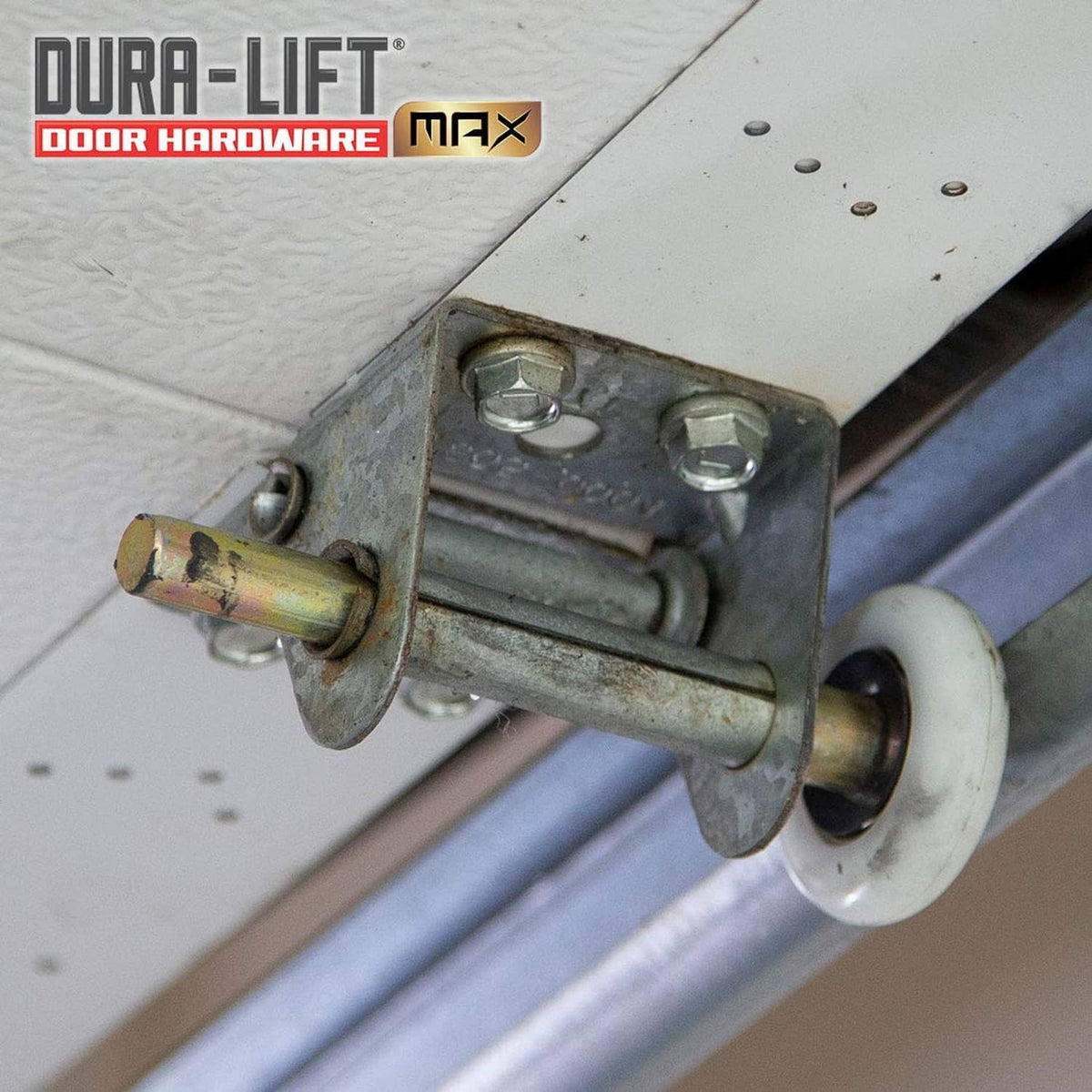 Installed garage door roller: metal bracket with white nylon wheel and sealed bearing