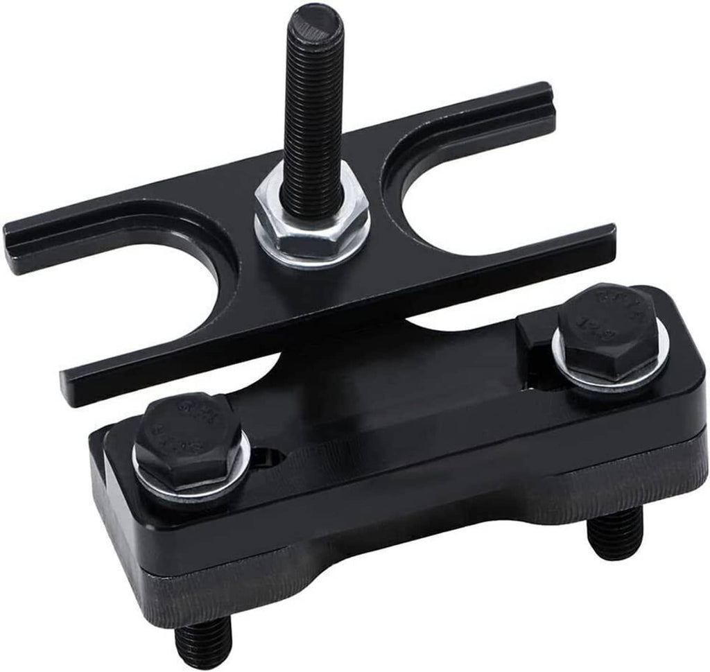 Black valve spring compressor tool with hex bolts and central threaded screw