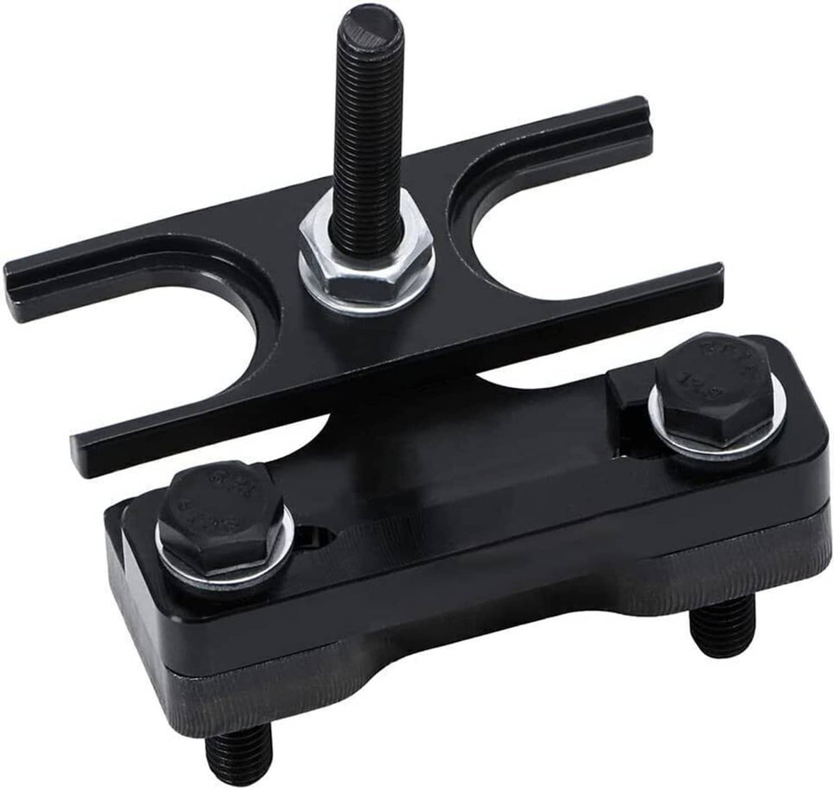 Black valve spring compressor tool with hex bolts and central threaded screw