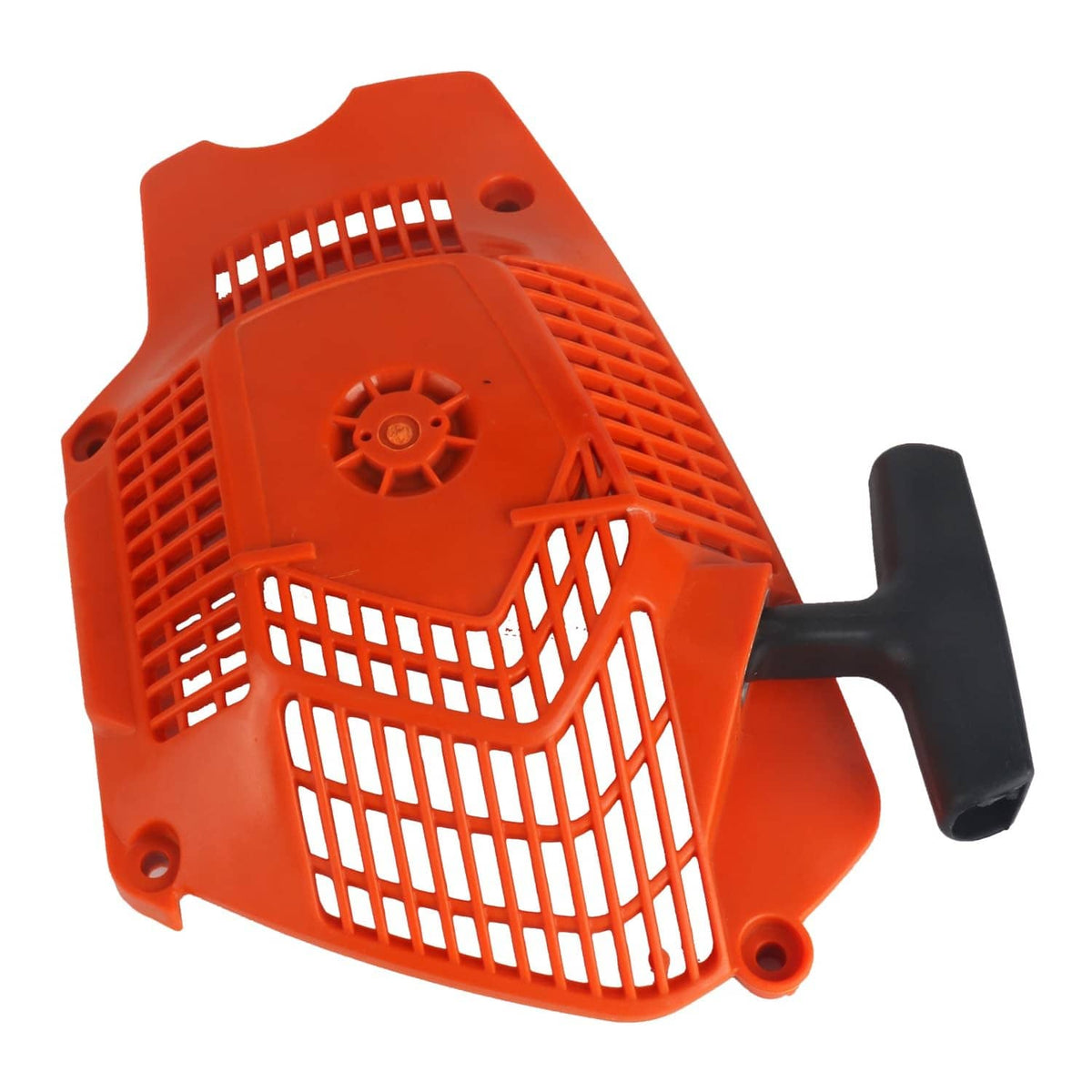 Orange recoil starter housing with black pull handle and central starter mechanism