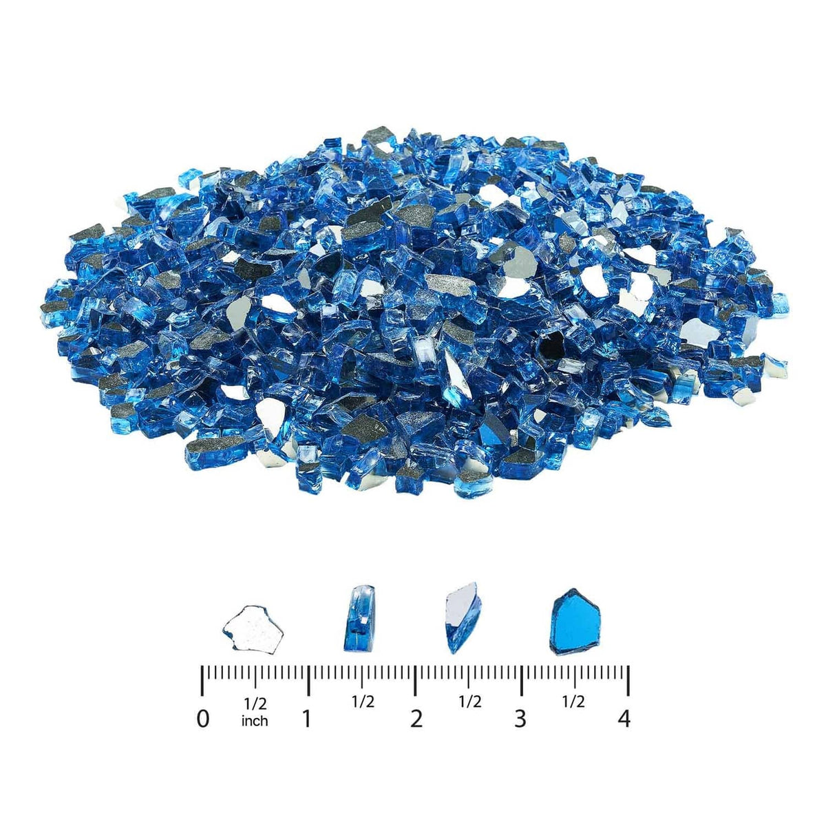 Pacific blue fire pit glass rocks with sample pieces and ruler for scale.