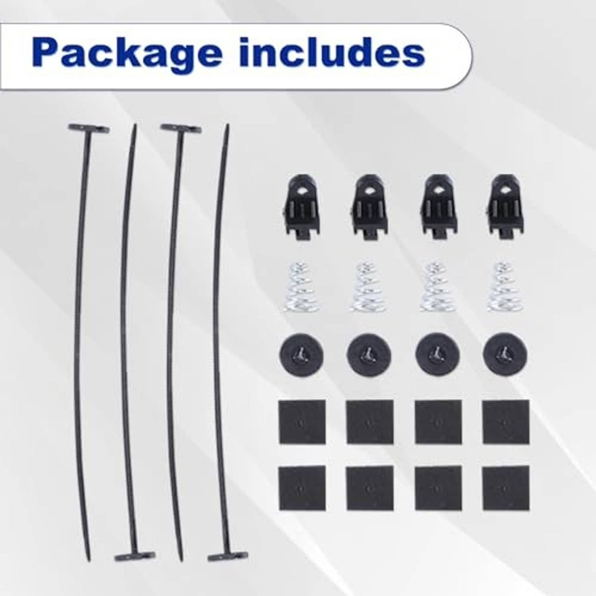 Package includes black 12-inch radiator cooling fan kit rods, clips, and mounting blocks