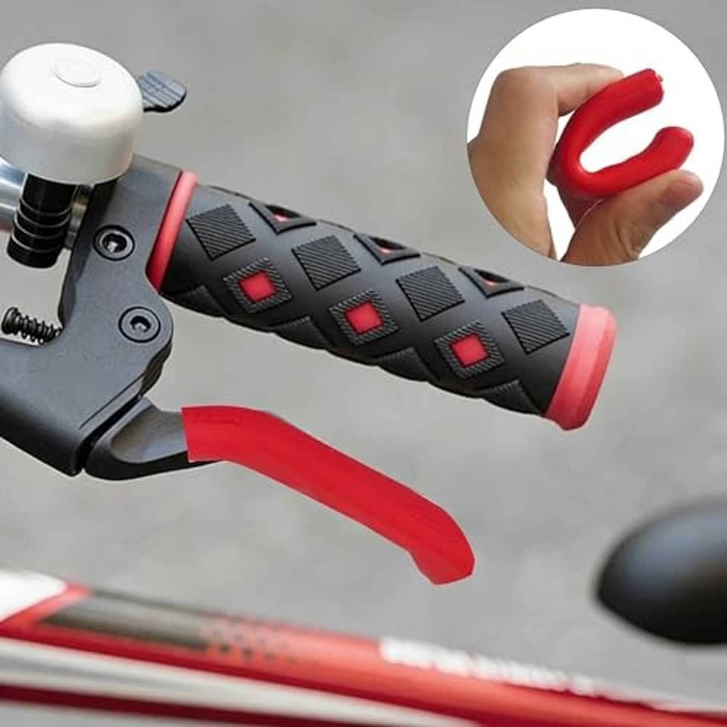 Red silicone brake lever grip cover installed on bicycle lever with textured rubber