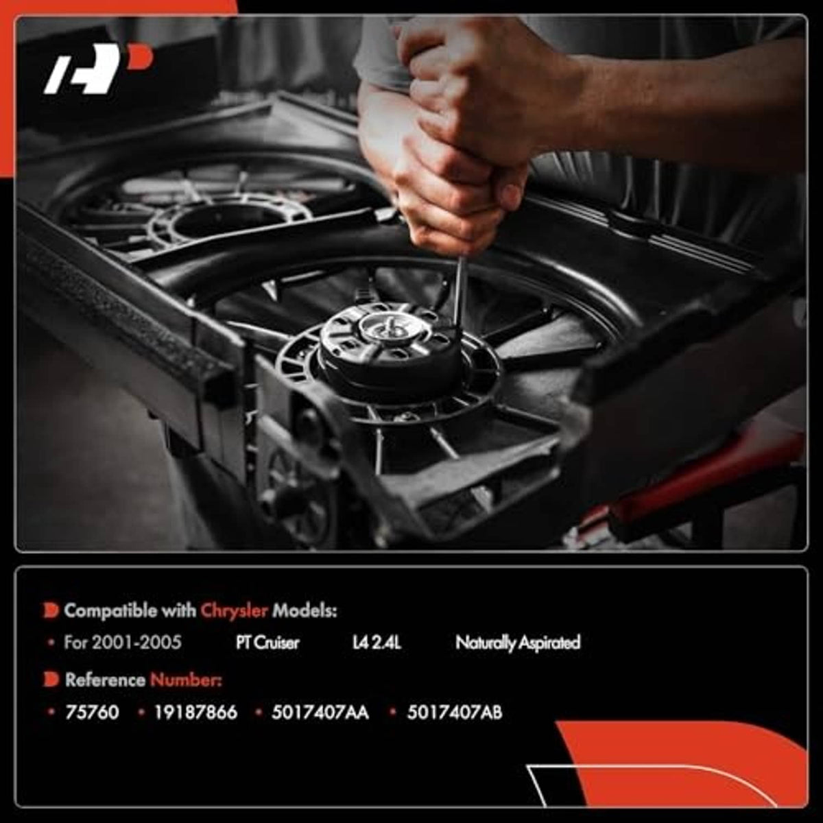 Radiator fan motor being installed in the engine bay near the radiator area