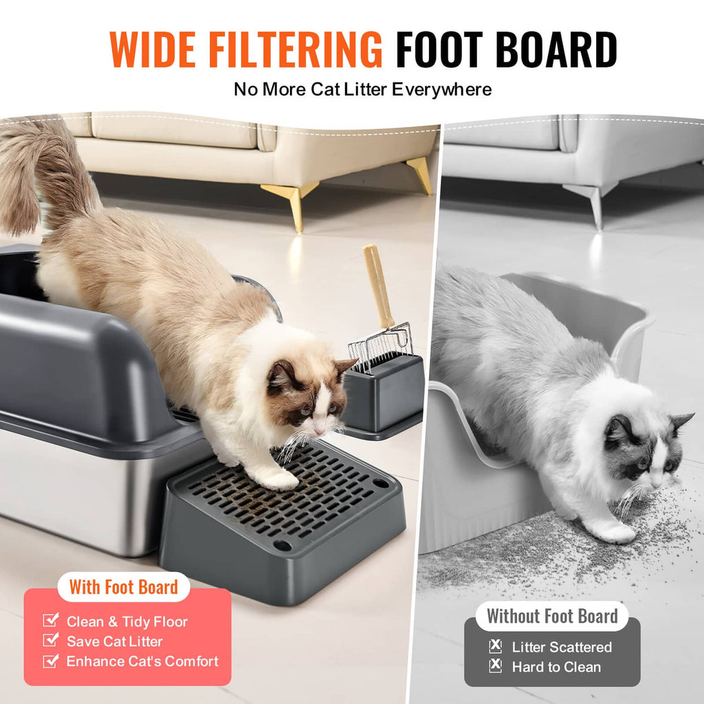 Cat litter box with wide filtering foot board and vented litter tray for paw cleaning