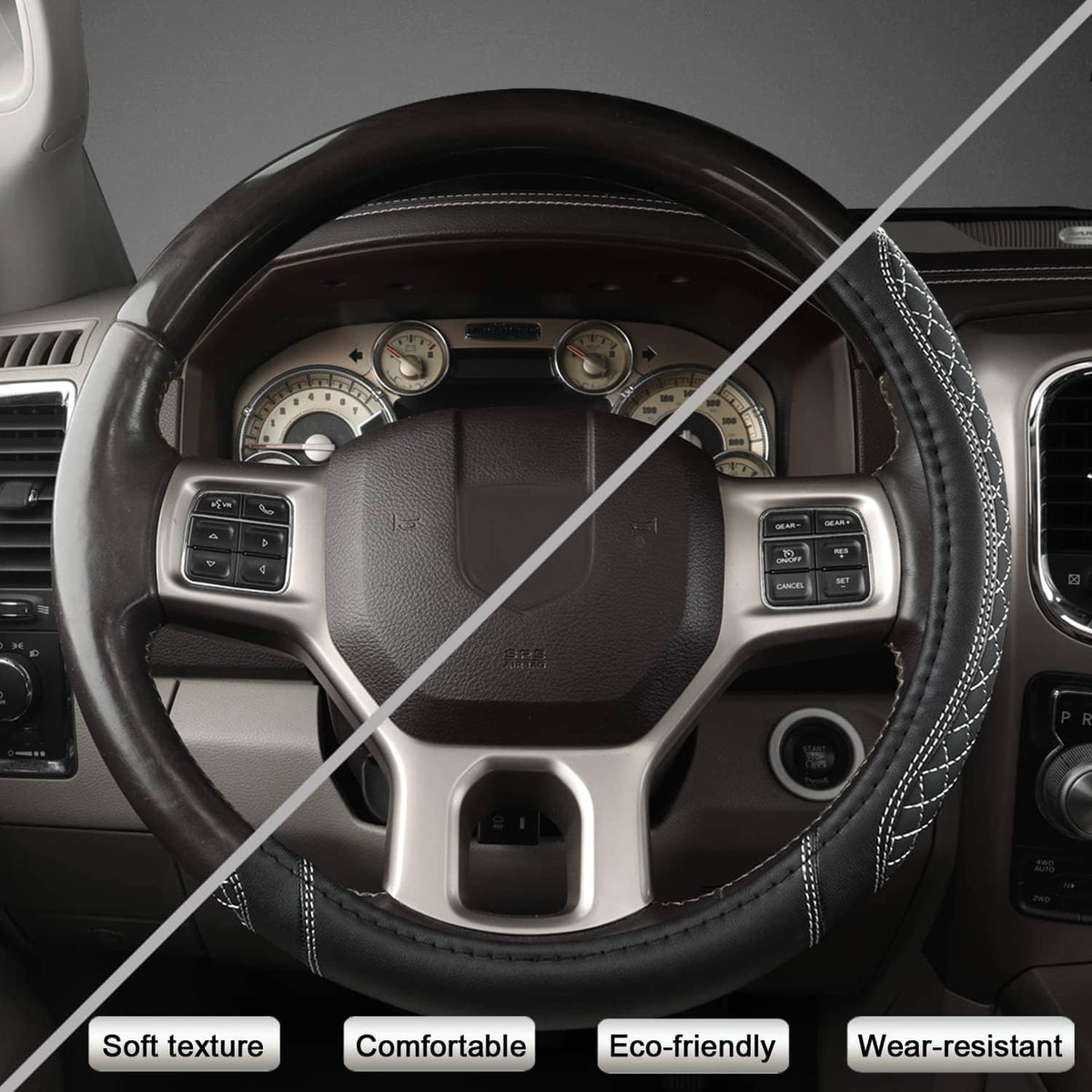 Black steering wheel cover with white contrast stitching and quilted grip texture on spokes