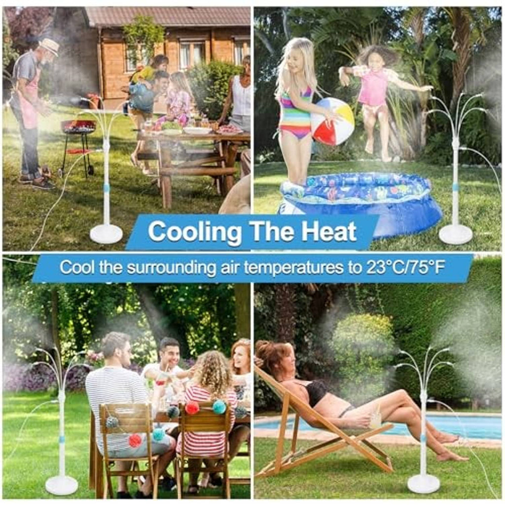 Freestanding patio misting cooler set with white base and multiple spray nozzle heads