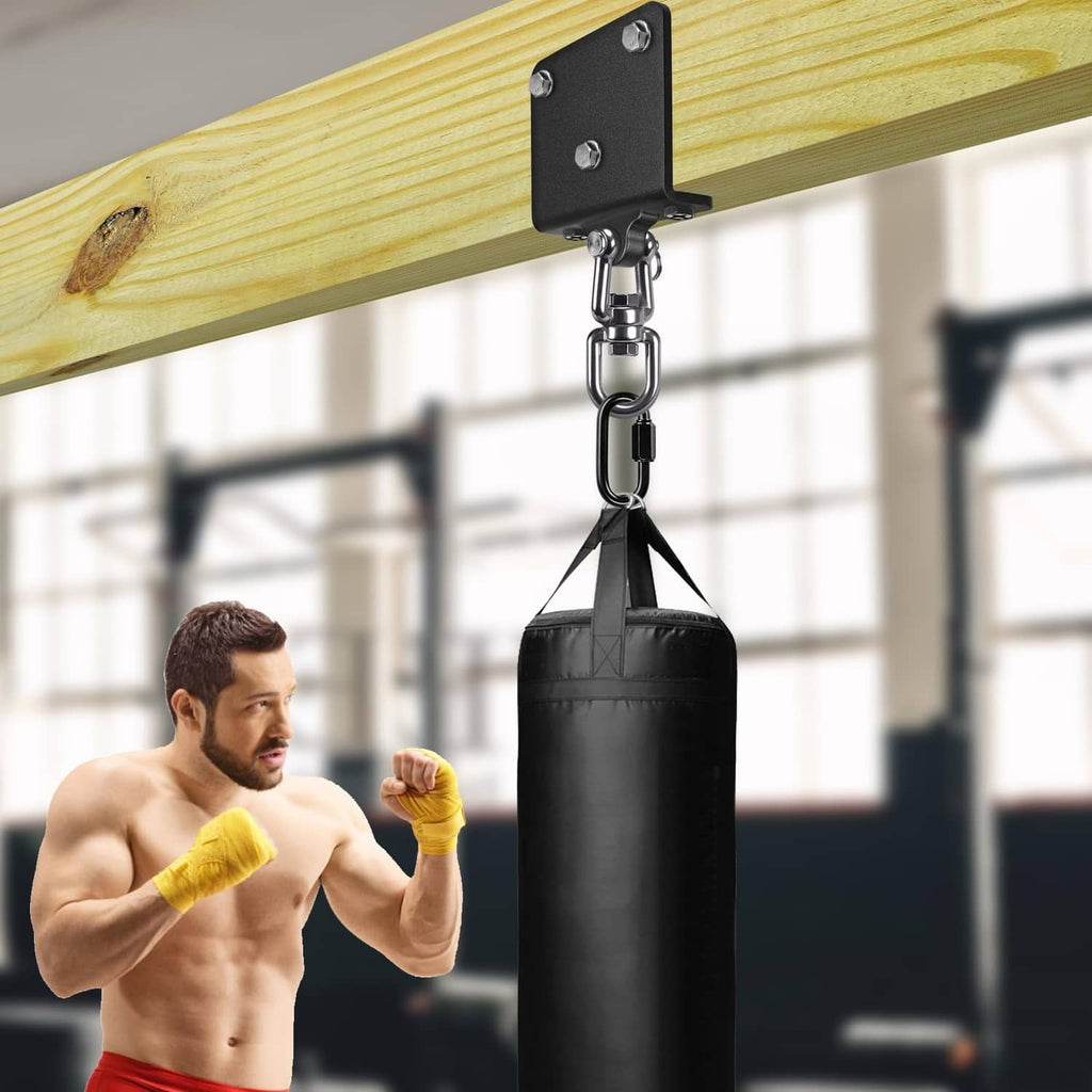 Steel I-beam hanger mount securing a hanging punching bag on a beam