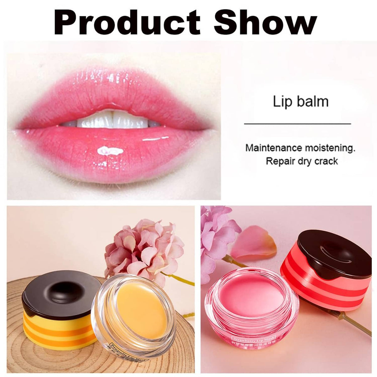 Lip balm mask jars with glossy balm on lips, featuring pink and yellow containers