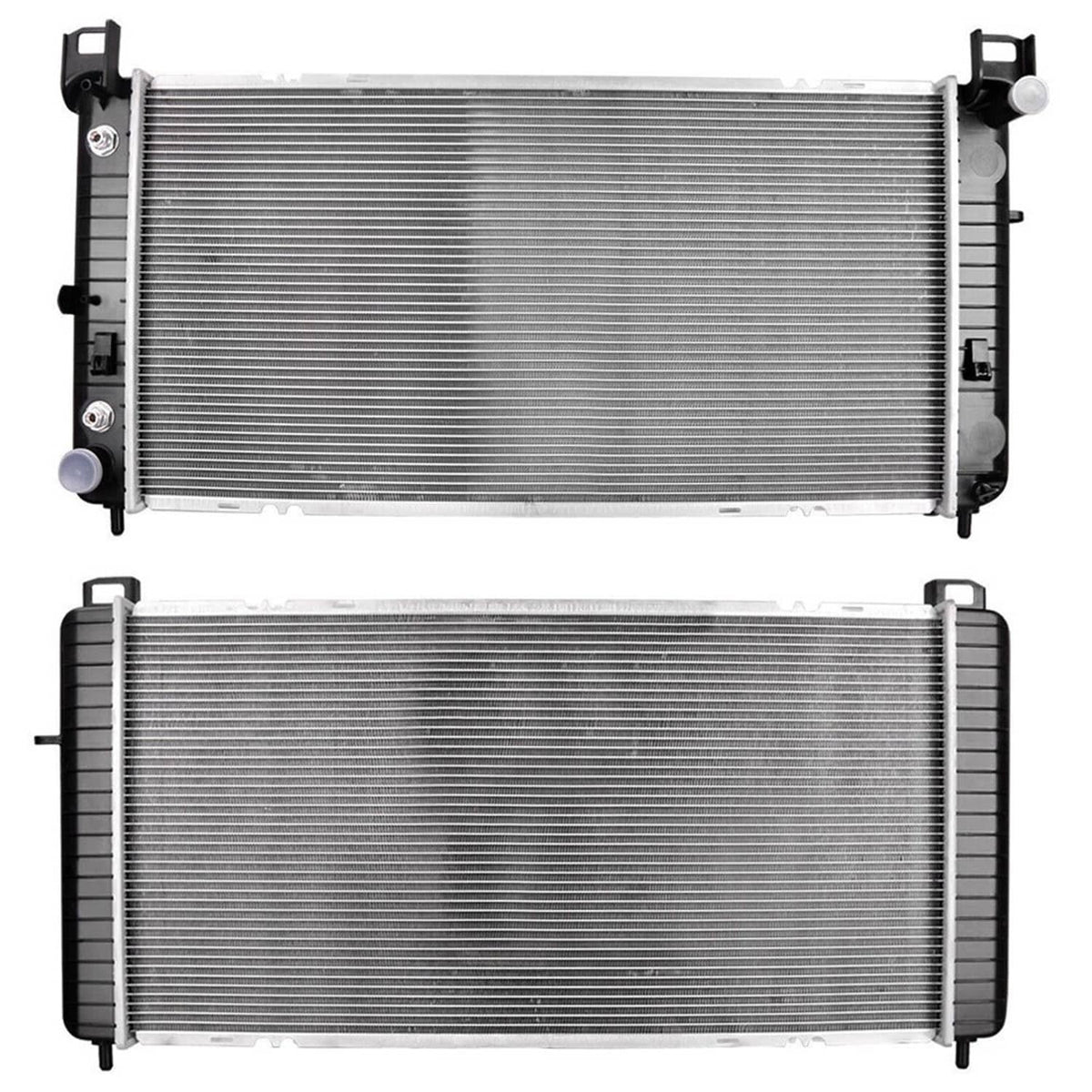 Radiator unit showing top and bottom cores with black frame sides and corner tabs