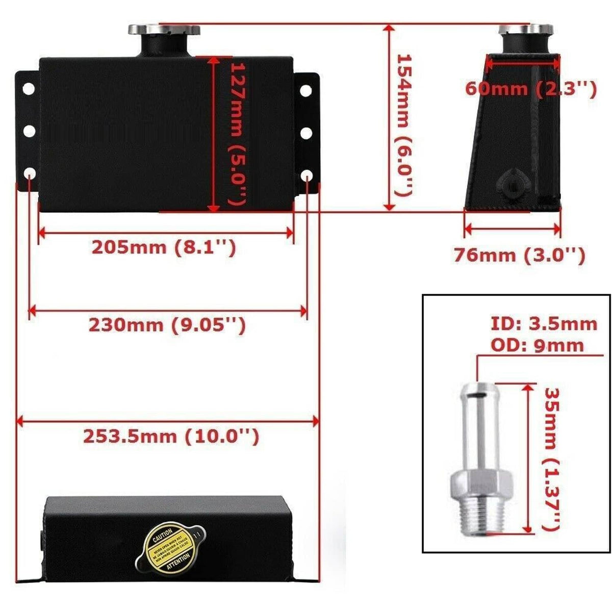 Coolant overflow reservoir dimensions diagram with ports and ID/OD measurements