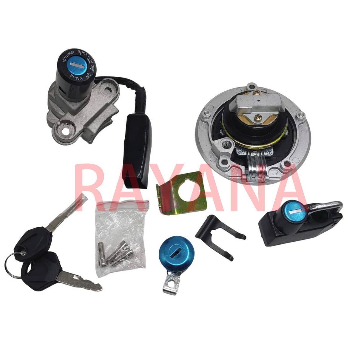 Fuel tank cap and ignition switch assembly with key, wiring plug, and mounting hardware