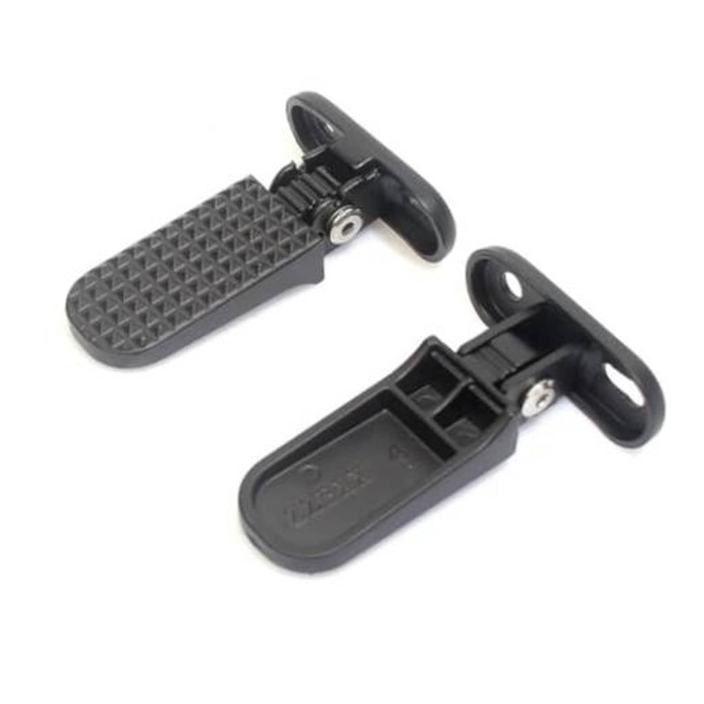 Motorcycle rear passenger foot pegs with textured rubber pads and black brackets