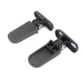 Motorcycle rear passenger foot pegs with textured rubber pads and black brackets