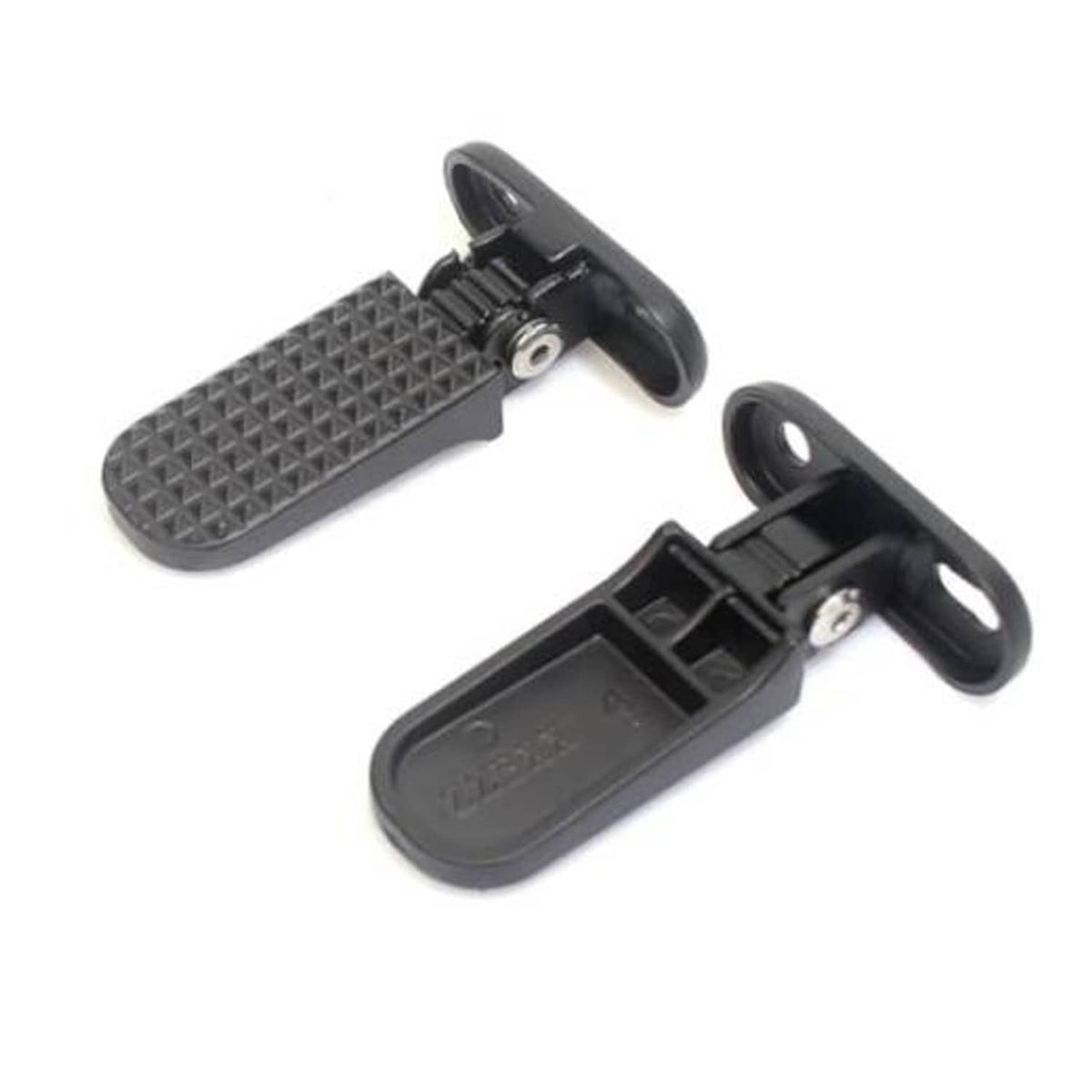Motorcycle rear passenger foot pegs with textured rubber pads and black brackets