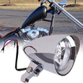 Chrome tri-bullet motorcycle headlight with mounting bracket and wiring leads