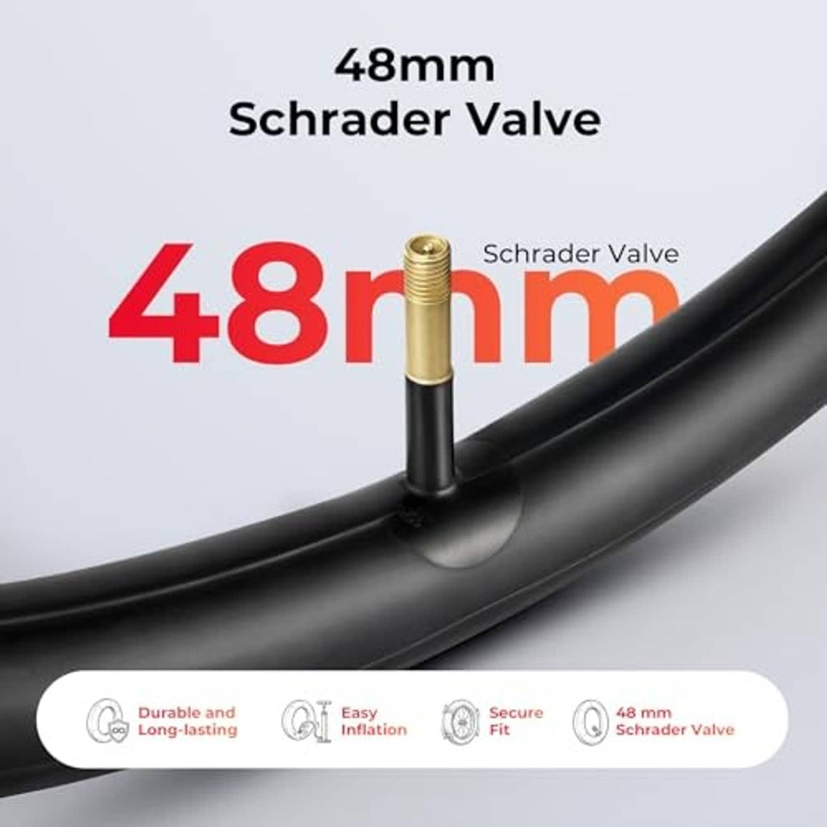 Black bike inner tube with 48mm Schrader valve stem and valve base